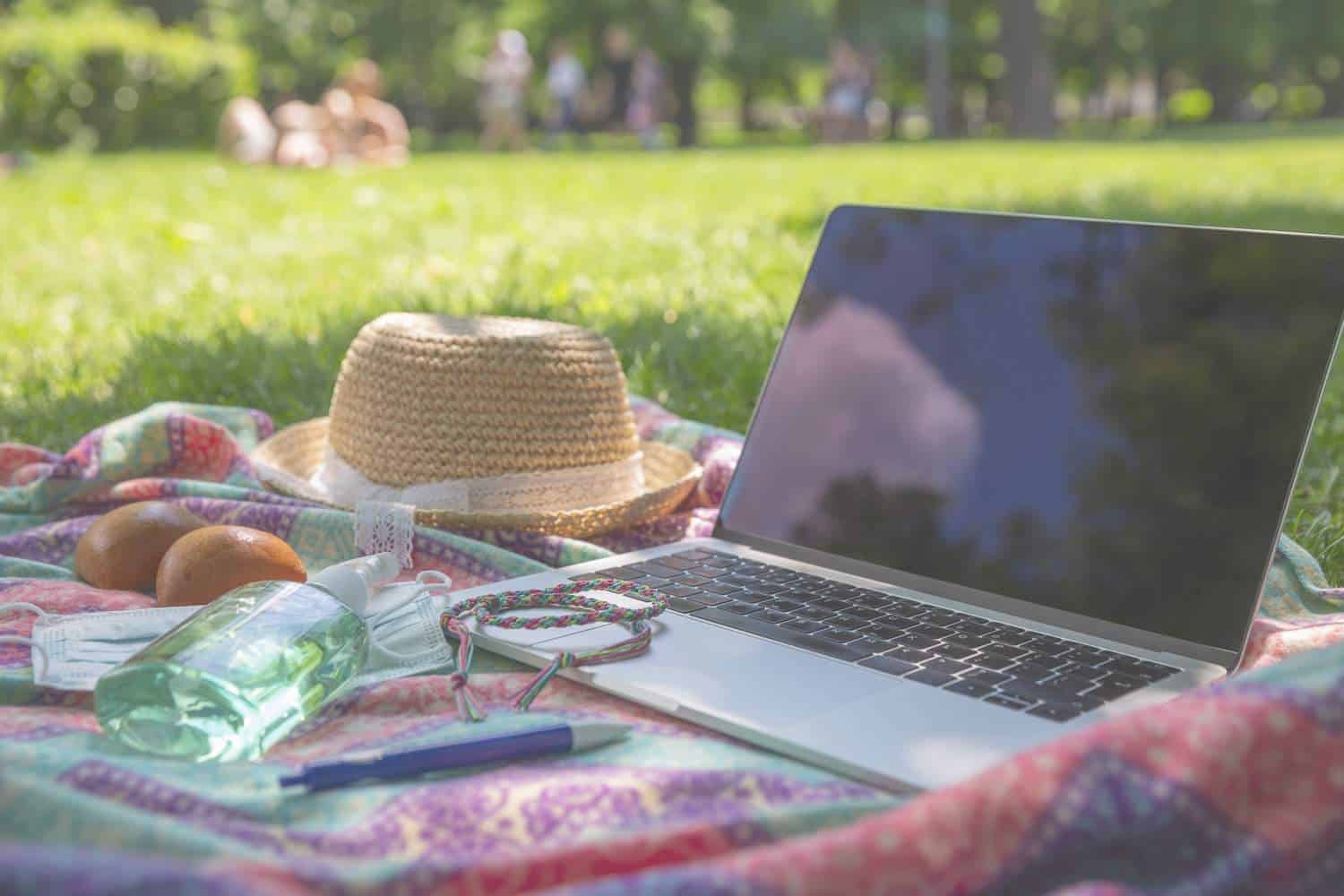 A Macbook, blue pen, summer hat and fruit on a colorful blanket in a green park