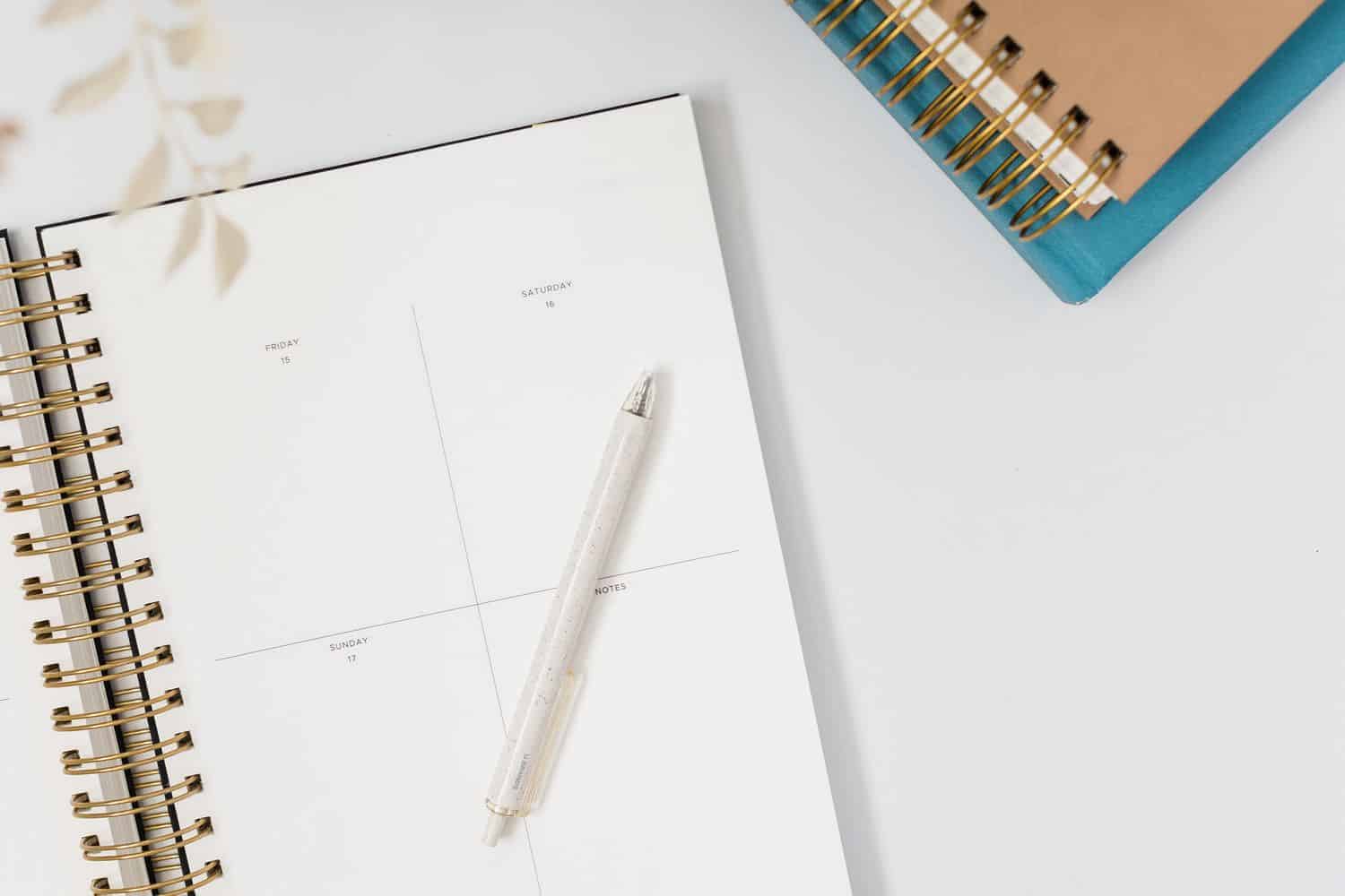 A feminine planner with a white ballpoint pen and two notebooks next to it